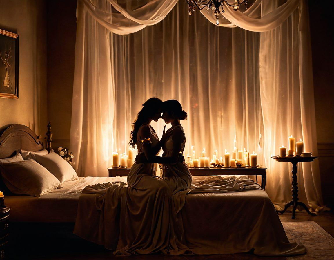 A dimly lit room with soft shadows, featuring a couple intertwined in an intimate embrace, surrounded by delicate touches like candles and silk sheets. The background hints at fantasy elements, such as whimsical silhouettes and soft glowing orbs, creating an aura of allure and mystery. The colors should be warm and inviting, emphasizing intimacy. ethereal art style. romantic lighting. soft colors.