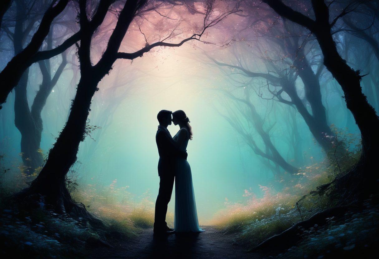 A dreamlike tableau depicting a intertwined embrace of silhouettes in a fantastical forest setting, surrounded by ethereal wisps of light, symbolizing forbidden love and intimacy. Enveloping the scene are soft, surreal colors that evoke emotional complexity, with gentle shadows hinting at hidden desires. Additional elements like delicate flowers and shimmering stars softly illuminate the figures, inviting deeper contemplation on family connections in romance. surrealism. soft pastels. whimsical atmosphere.