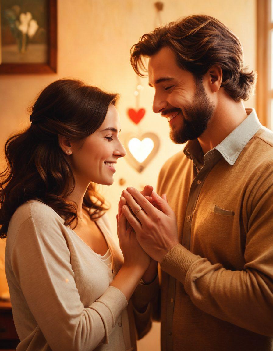 A warm and intimate family scene emphasizing affection, featuring diverse family members sharing loving gestures in a cozy home setting with soft warm lighting. Include subtle symbols of love like hearts and intertwined hands in the background, conveying emotional connection. The mood should evoke comfort and tenderness, inviting viewers into a harmonious atmosphere. painting. warm colors. soft focus.